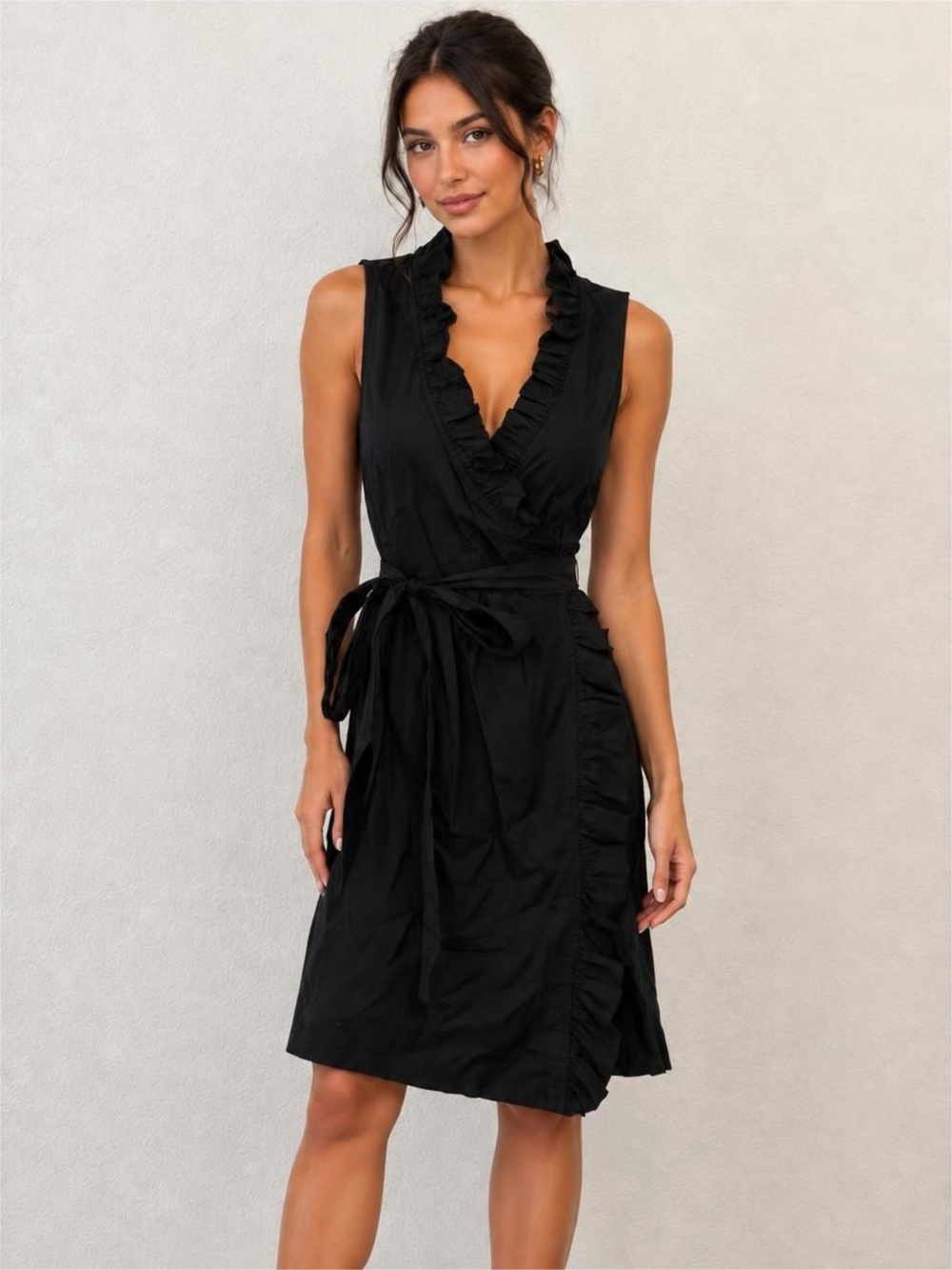 Ann Taylor LOFT Black Ruffle Wrap Midi Dress Size 4 Like New